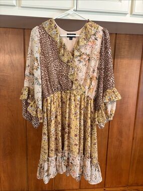 Floral Patchwork Ruffle Dress in Mustard and Brown